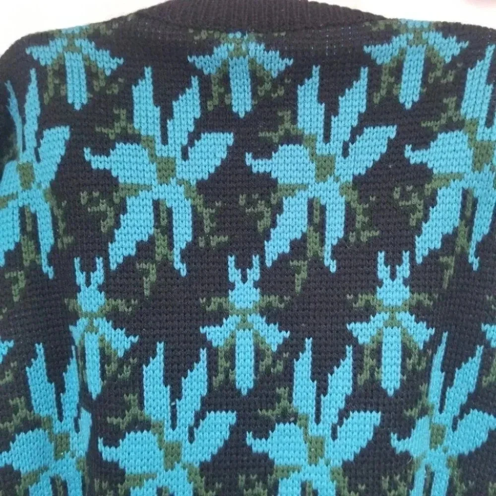 Hudson's Bay Company Vintage Sweater Blue Black Floral Print Ribbed  Knit - Picture 4 of 12